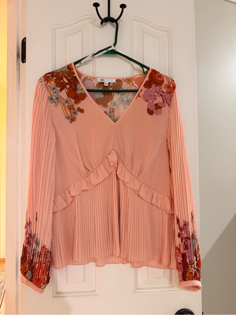 Floral Peach Pleated Long-Sleeve Women's Top